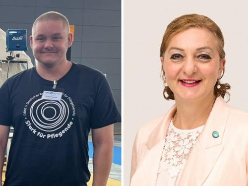 Tristan Stecker (l.) und Ketevan Helbig freuen sich auf interessierte Mitstreiter:innen in der AG Junge Pflege bzw. in der AG Praxisanleitung Langzeitpflege.